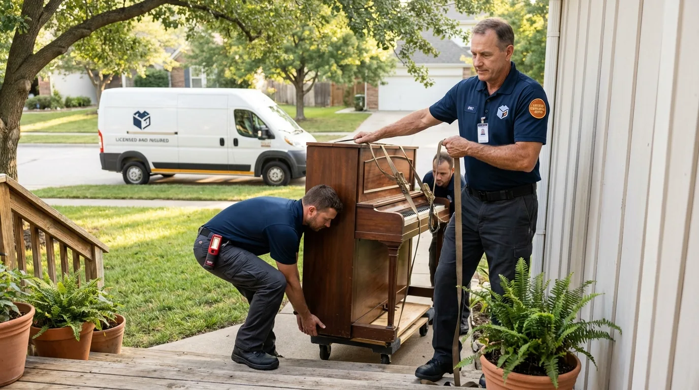 Licensed piano movers securing grand piano in Covington, LA