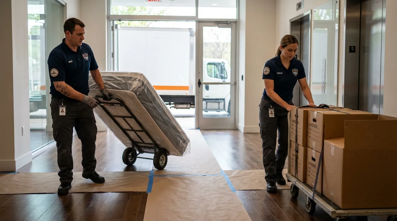 Professional apartment movers loading elevator in Covington, LA